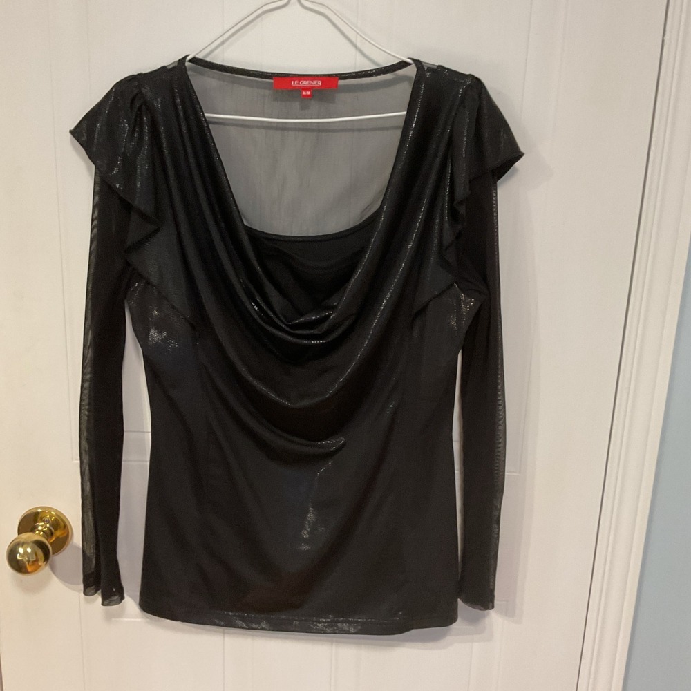 Le Grenier Cowl Neck Top Womens Medium Black Excellent Mesh Metallic Ruffle